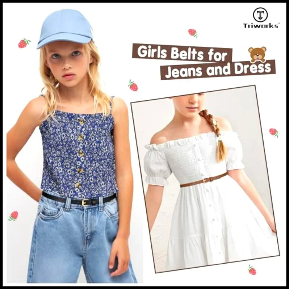 Girls Skinny Leather Belts Set 4 Pack Thin Waist Belts Gold Buckle Classic
